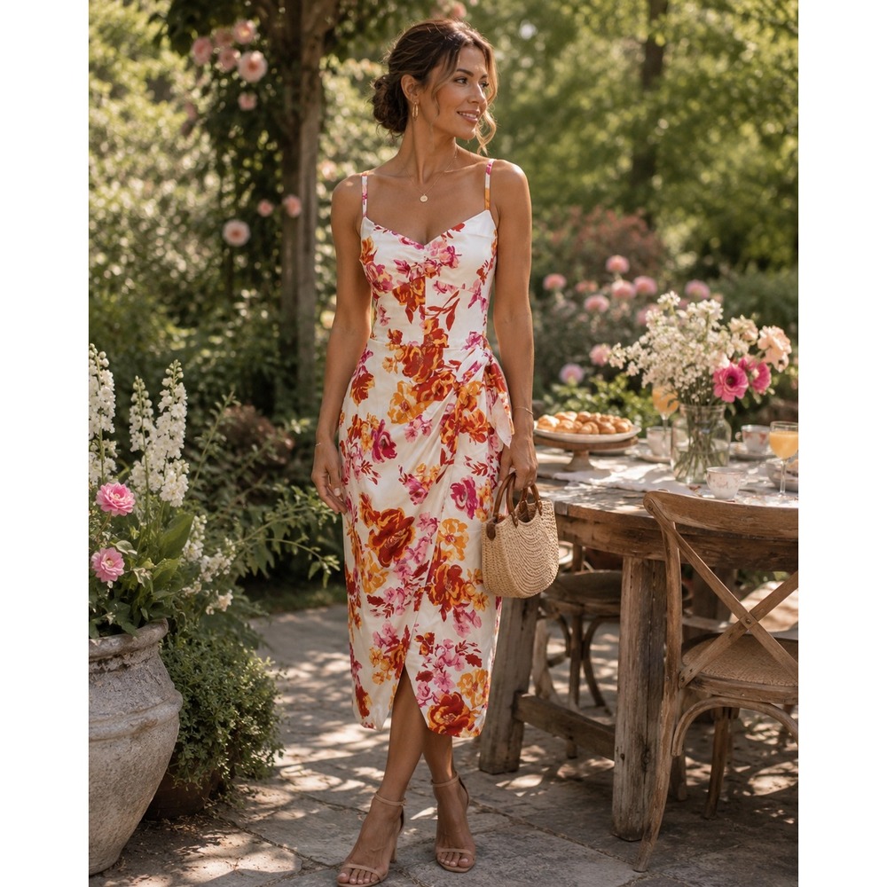 Floral Slip Midi Dress with Orange & Pink Blooms